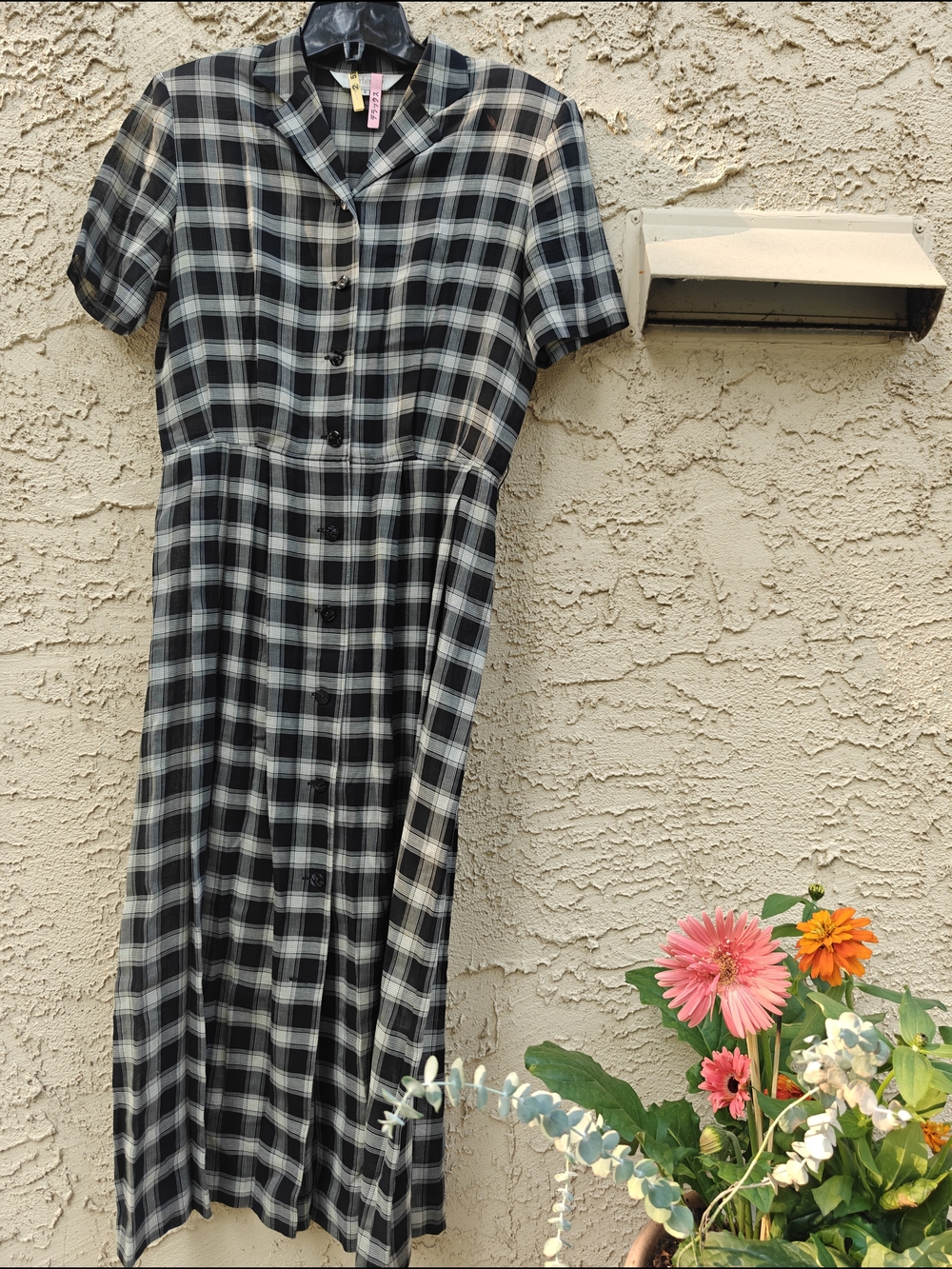 Vintage Burberry Black and White Plaid Midi Shirt Dress